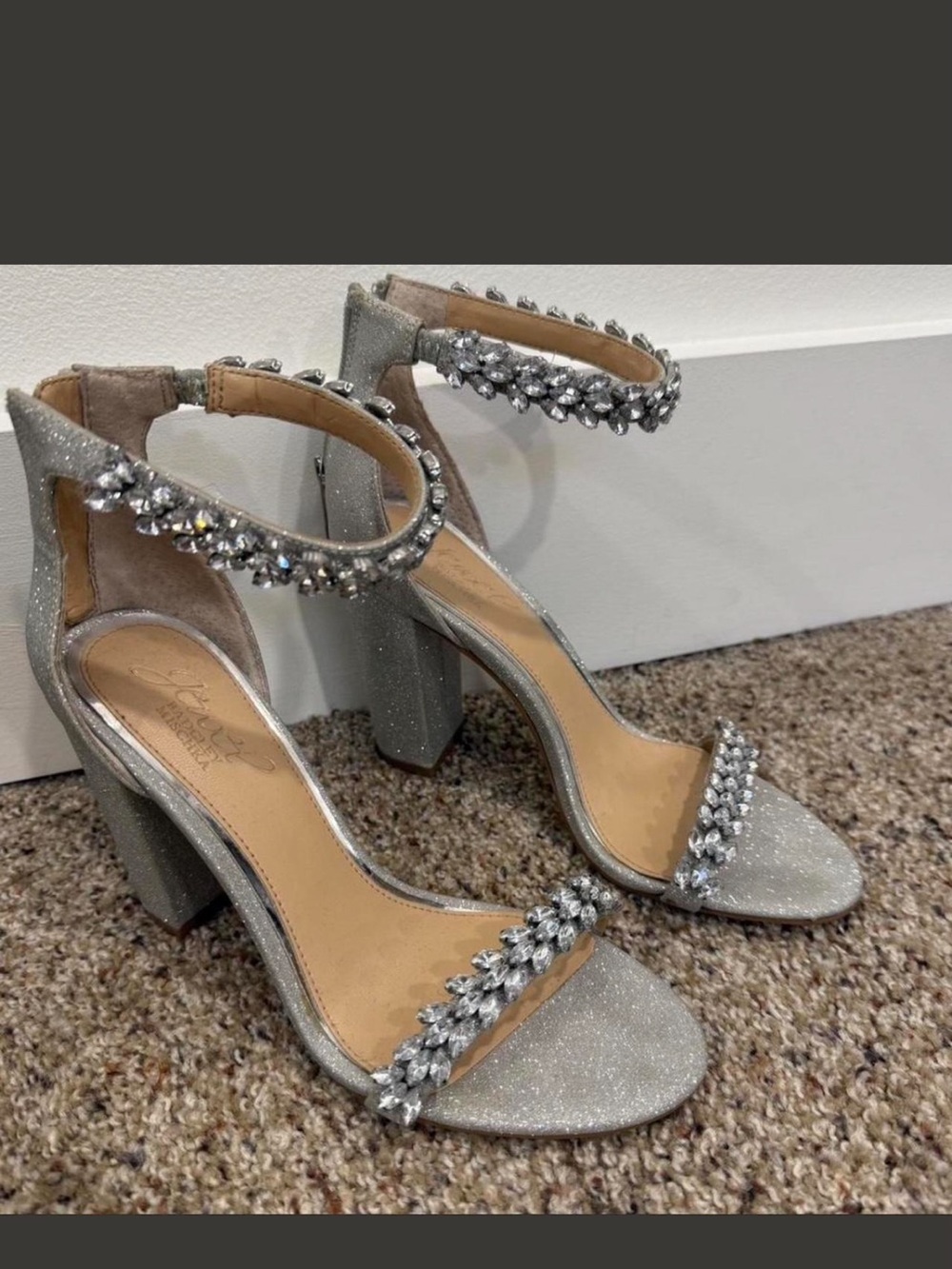 Jewel Badgley Mischka Silver Crystal Ankle-Strap Block Heels